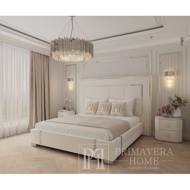 Nowoczesne łóżko do sypialni, tapicerowane, glamour, designerskie, biała ecoskóra, srebrne SOHO