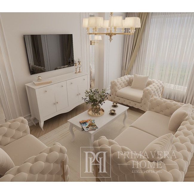 Glamour paminkštinta moderni aukso dygsniuota sofa DIVA GOLD