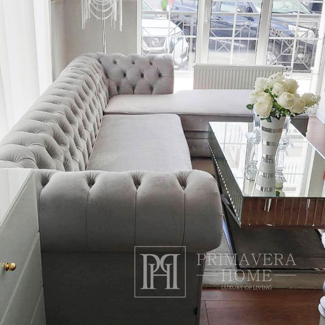 Klasikinė žavinga kampinė sofa, apmušta, dygsniuota, svetainei, kampinė sofa CHESTERFIELD RODOMAS