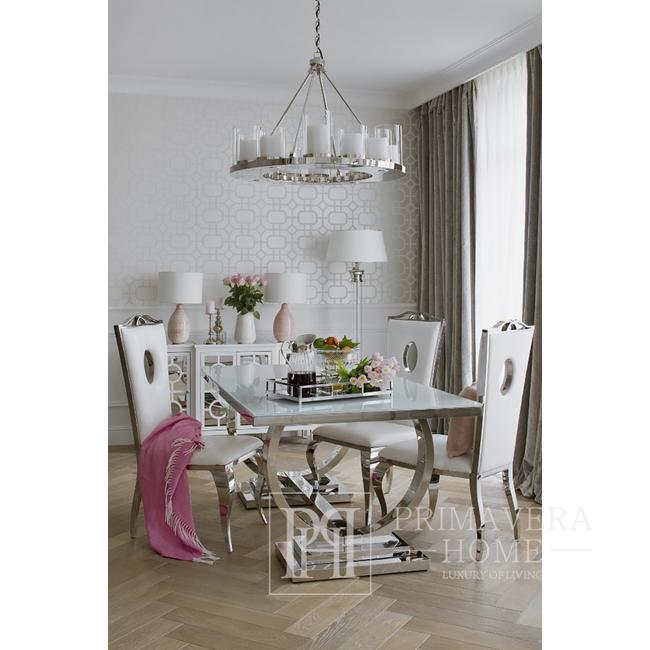 Išskirtinis modernus žavingas valgomojo stalas, baltas stiklas, plieno viršus sidabrinis MARCELLO 180cm OUTLET 