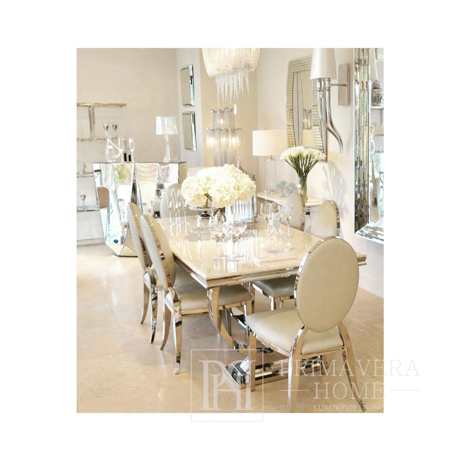 Išskirtinis modernus žavingas valgomojo stalas, baltas stiklas, plieno viršus sidabrinis MARCELLO 180cm OUTLET 