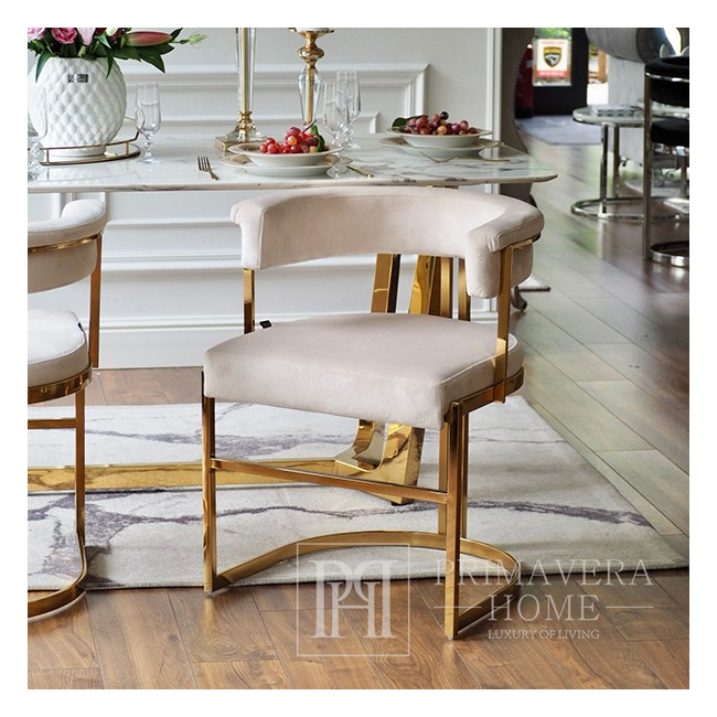 Krzesło glamour nowoczesne, do jadalni, nowoczesne, półokrągłe, do toaletki, stalowe, beżowe, złote MARCO OUTLET 