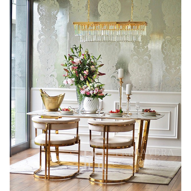 Moderni glamūrinė kėdė, valgomajam, moderni, pusapvalė, tualetiniam stalui, plieninė, smėlio spalvos, auksinė MARCO OUTLET 