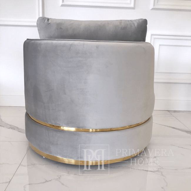 Stilingas pasukamas fotelis  ROUND stone aksomas pilkas auksinis 