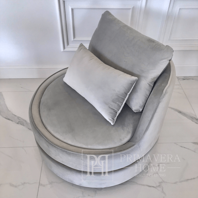 Stylish ROUND stone swivel armchair velvet gray gold