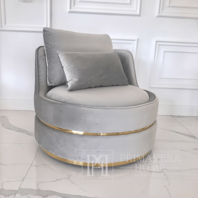 Stylish ROUND stone swivel armchair velvet gray gold