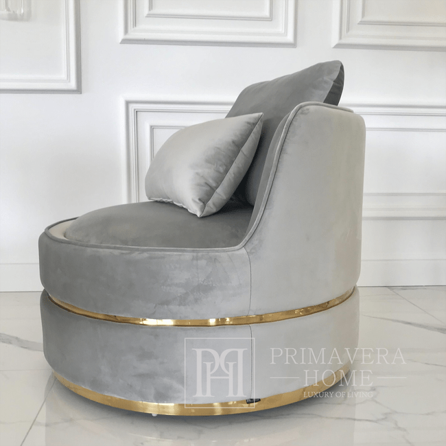 Stilingas pasukamas fotelis  ROUND stone aksomas pilkas auksinis 