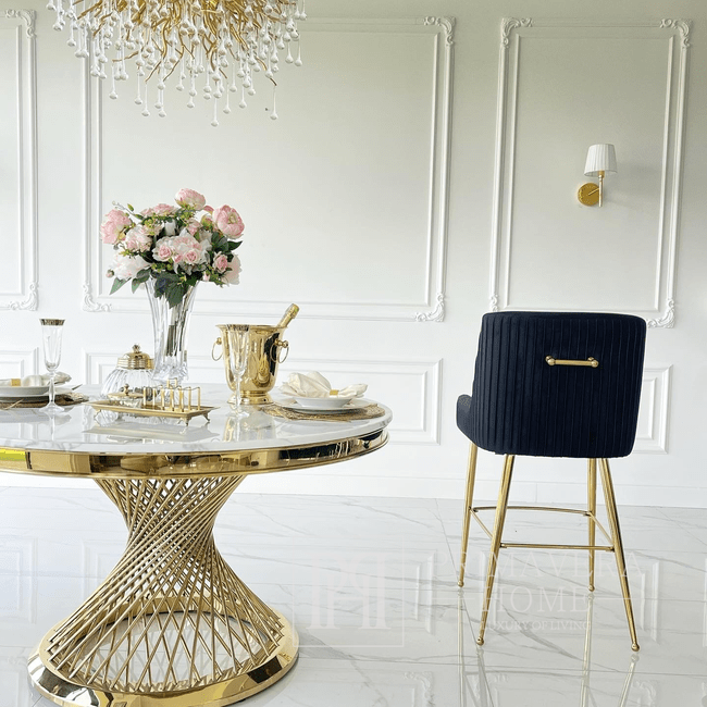 Moderner Glamour-Hocker aus schwarz-goldenem Samtstoff PALOMA 