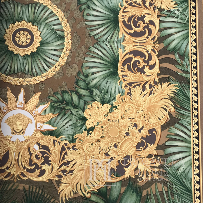 Versace V Jungle Animalier glamor wallpaper, leaf theme, exotic, gold -  green, palm leaves - Primavera Home