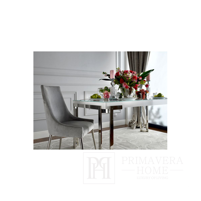 Klasikinė valgomojo kėdė su aukšta nugara, žavinga, moderni, hamptonai, plieninės tiesios kojos, sidabrinė MODERN OUTLET