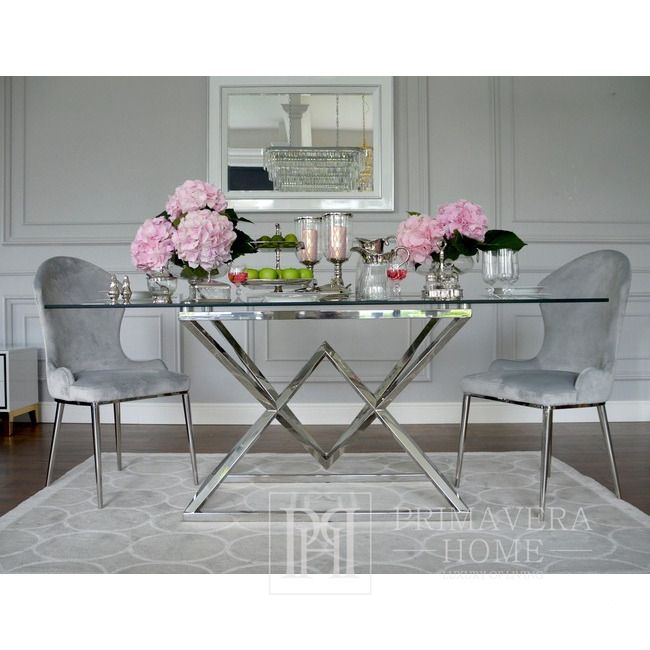 Ekskluzywne krzesło do jadalni glamour, stalowe proste nogi, wygodne, nowoczesne, szare, srebrne LOUIS