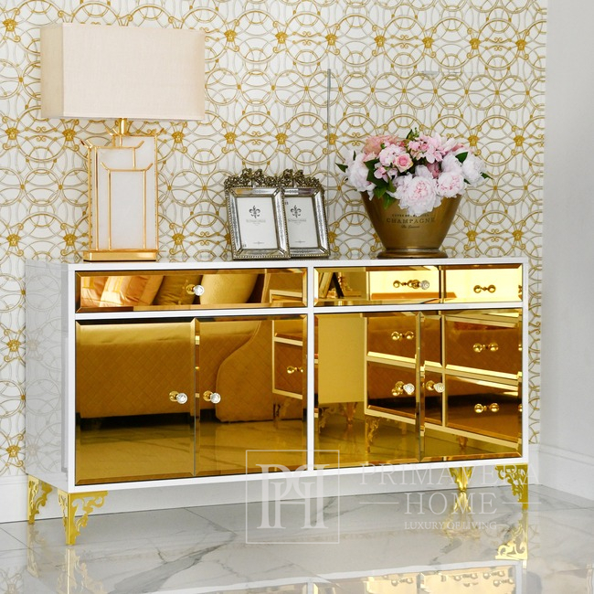 Luksusowa komoda drewniana, do salonu, do sypialni, glamour, drewniana, lakierowana złota VENICE