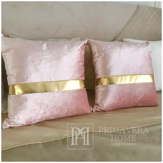 Decorative pillow with golden belt, for sofa, for bedroom, for living room, pink, gold