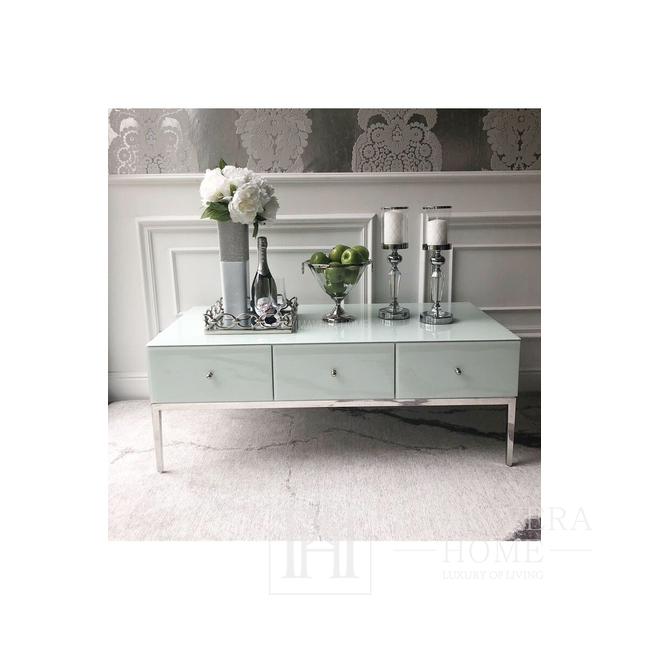 Glamour mirror white coffee table with Franco Silver steel base OUTLET