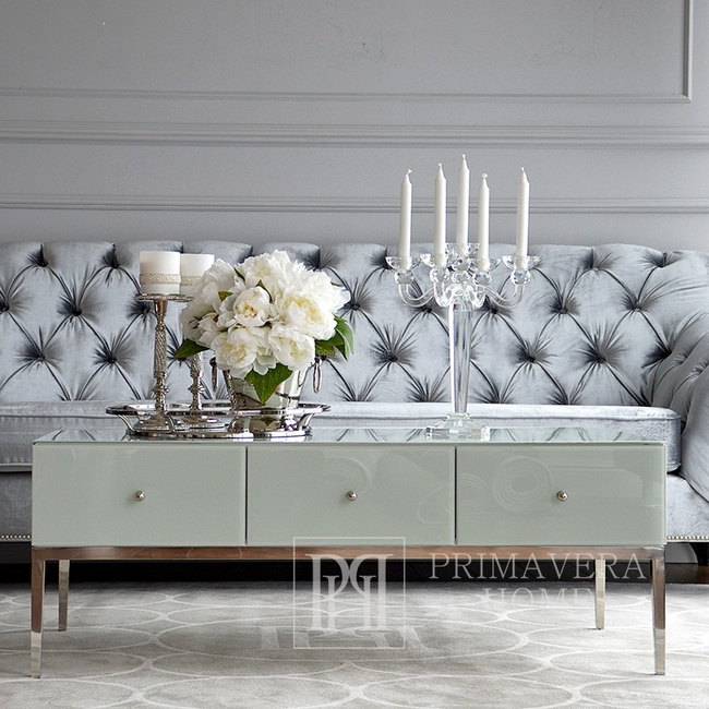 Nowoczesny stolik kawowy Franco Silver glamour lustrzany biały ze srebrną stalową podstawą wysoki połysk OUTLET