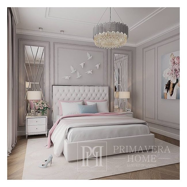 Szafka nocna lakierowana biało srebrna do sypialni glamour Lorenzo S Silver OUTLET 