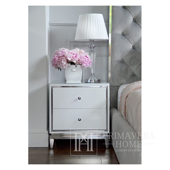 Lorenzo S Silver Lacquered white and silver glamour bedside cabinet for the bedroom OUTLET 