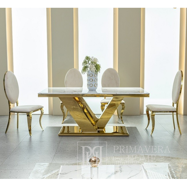 Ekskluzywny stół, glamour, do jadalni, nowoczesny, biały marmur, złoty LV COLLECTION