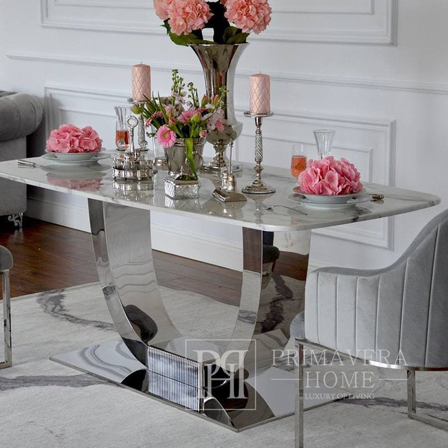 Exclusive glamor table for the dining room, modern, designer, white marble top, silver ART DECO