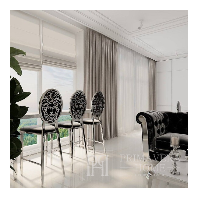 Luxurious bar stool, island stool, modern, glamor, black, silver Medusa