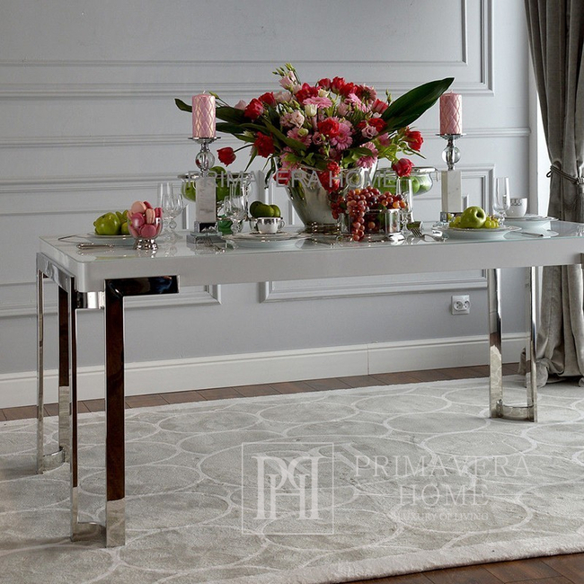 Glamour pietų stalas, modernus sidabras su baltu stiklu, plieninis 240 cm BOND OUTLET