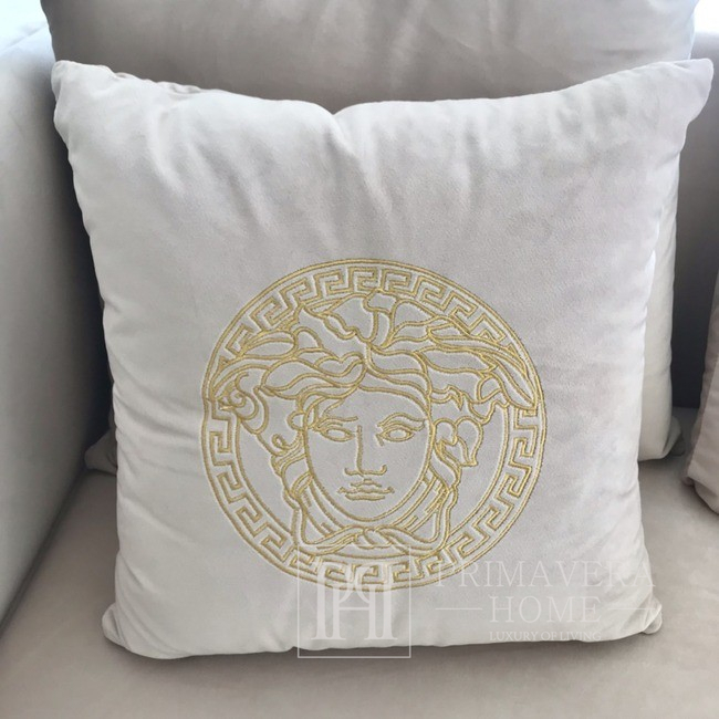 Dekoratyvinė aksominė pagalvė su „Medusa“ logotipu - purvinas rožinis su auksiniu logotipu 
