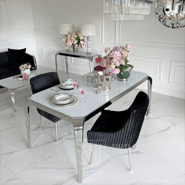 Design glamor table with a glass top, steel, modern, silver ELITE