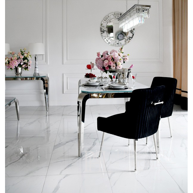 Design glamor table with a glass top, steel, modern, silver ELITE