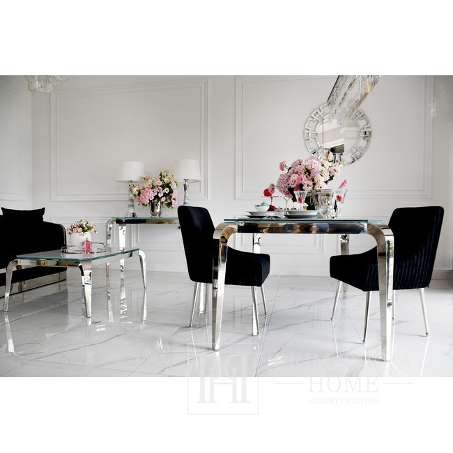 Designerski stół glamour ze szklanym blatem, stalowy, nowoczesny, srebrny ELITE