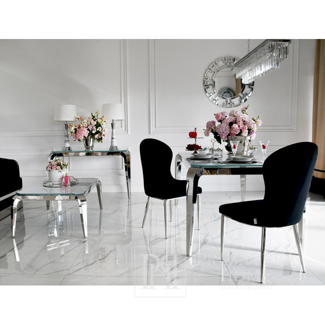 Designerski stół glamour ze szklanym blatem, stalowy, nowoczesny, srebrny ELITE