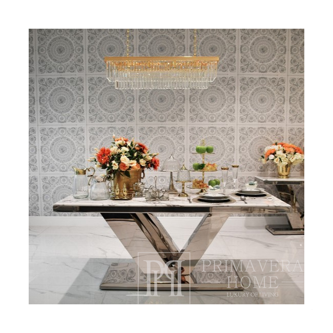 Exclusive dining table, modern, glamor, with white conglomerate, silver LV COLLECTION