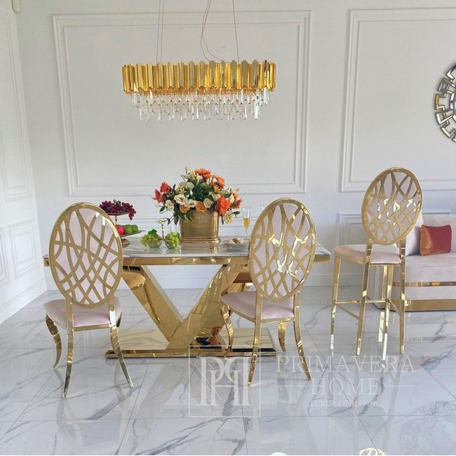 Exclusive glamor dining table, modern, with white conglomerate, gold LV COLLECTION