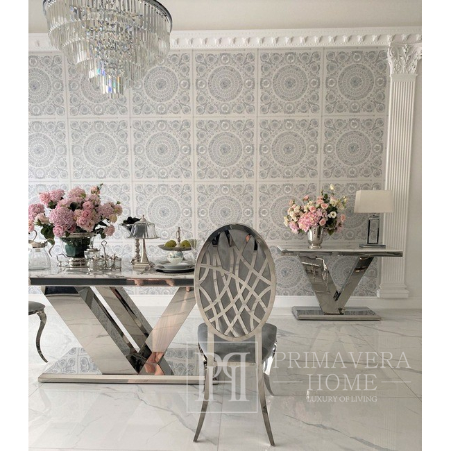 Modern, glamorous silver console, white marble top, for the LV COLLECTION hall