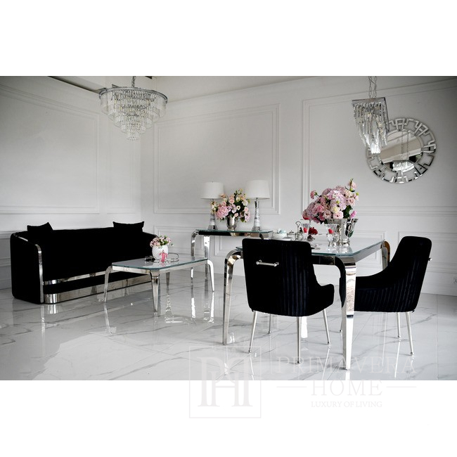Kėdė šiuolaikiška, minkšta, glamour, valgomajam, svetainei, su beldikliu, sidabrinė, juoda PALOMA