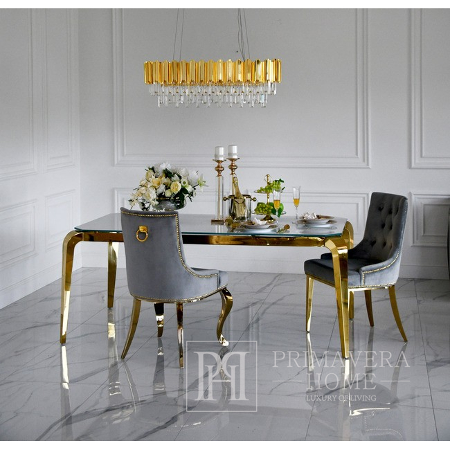 Gold gepolsterter Stuhl auf geraden Stahlbeinen MADAME Grey 