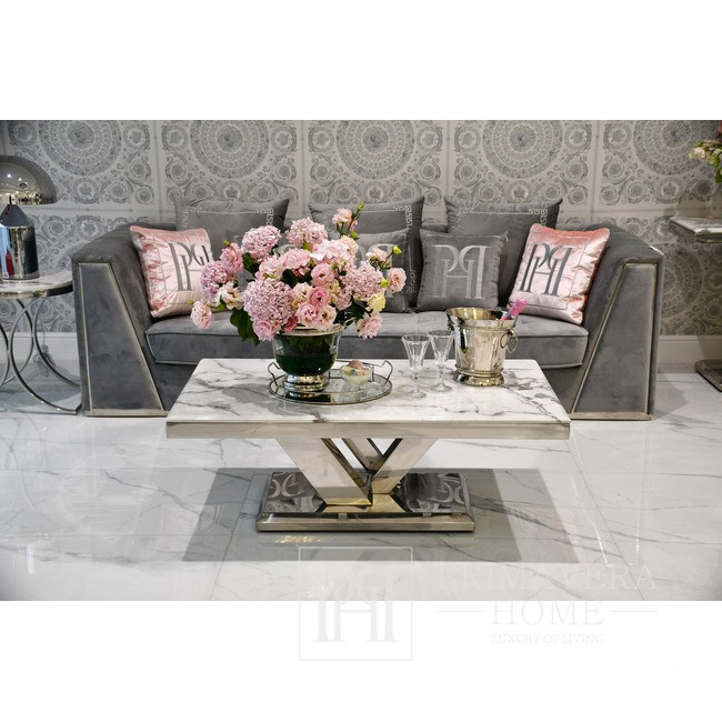 Modern coffee table for the living room, glamor, white conglomerate, silver LV COLLECTION