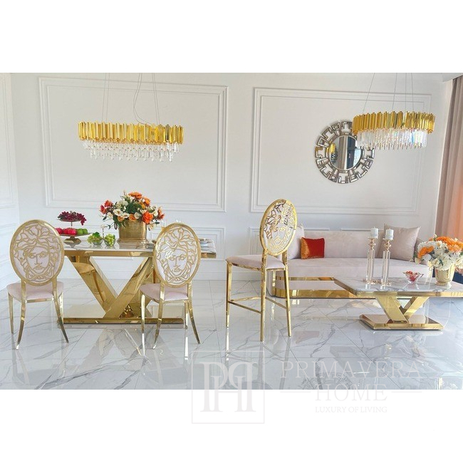 Modern, glamor coffee table with a white top, gold LV COLLECTION