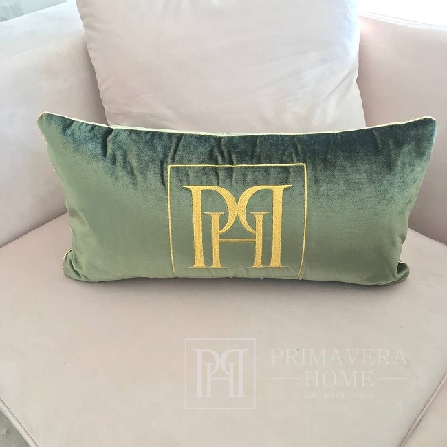 Poduszka 30x60 ze złotym logo Ph, zielona, dekoracyjna