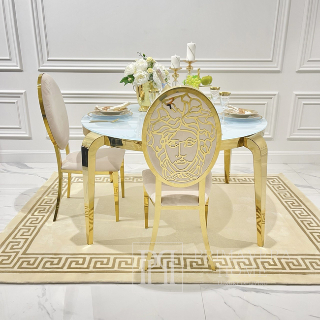 Designer dining table, glamor, with a glass top, steel, gold ELITE