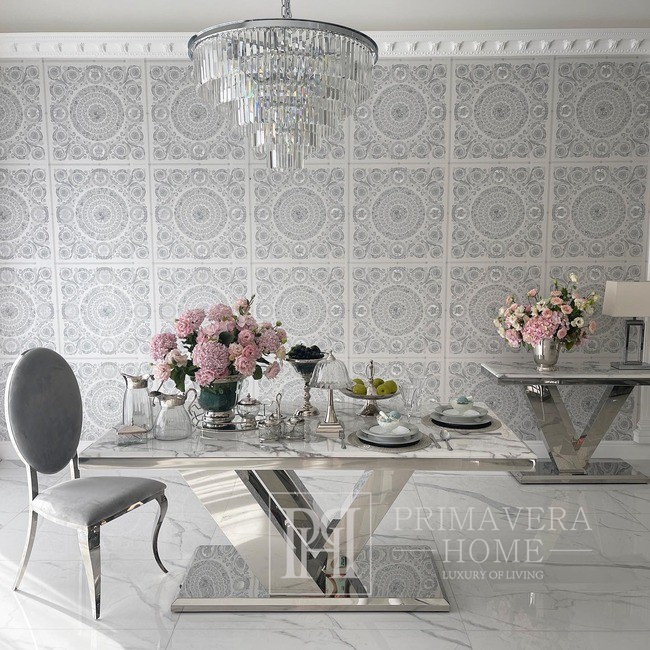 Exclusive dining table, modern, glamor, with white conglomerate, silver LV COLLECTION