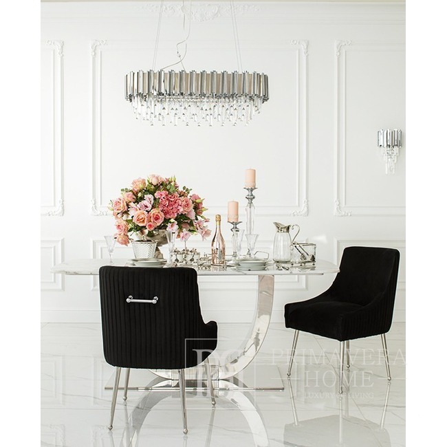 Glamour valgomojo stalas, išskirtinis, modernus, dizainerio, balto marmuro stalviršis, sidabrinis ART DECO OUTLET