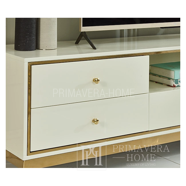 TV cabinet, white and gold, glamorous, modern, high gloss Lorenzo L Gold OUTLET 