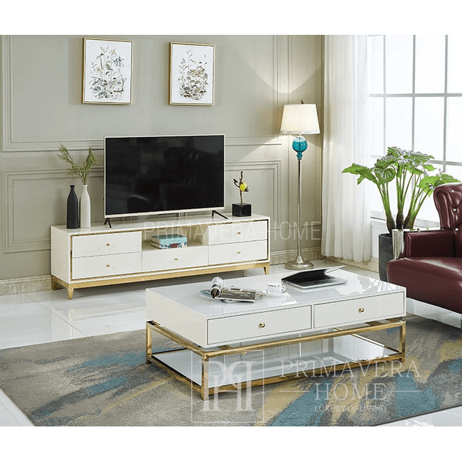 TV spintelė, balta ir auksinė, žavinga, moderni, blizgi Lorenzo L Gold OUTLET 