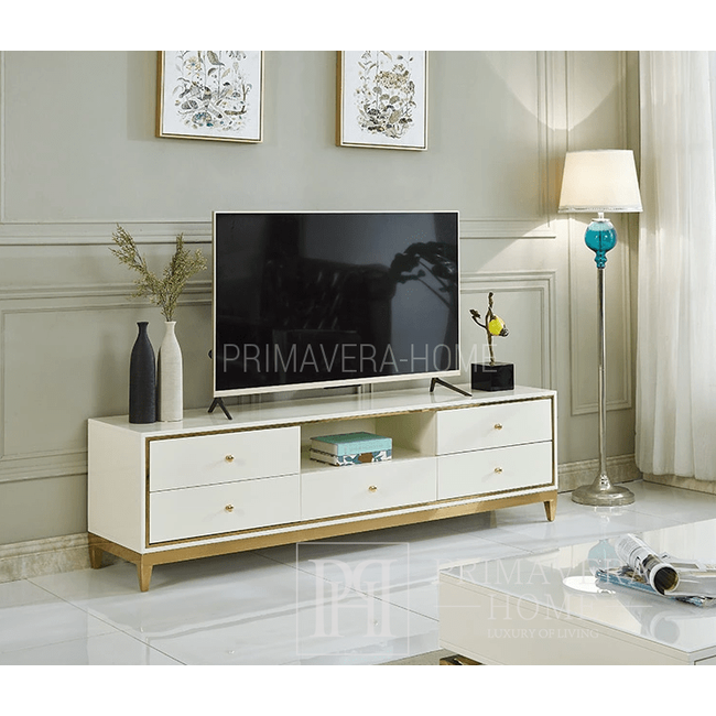 TV-Schrank, weiß und gold, glamourös, modern, hochglänzend Lorenzo L Gold OUTLET 