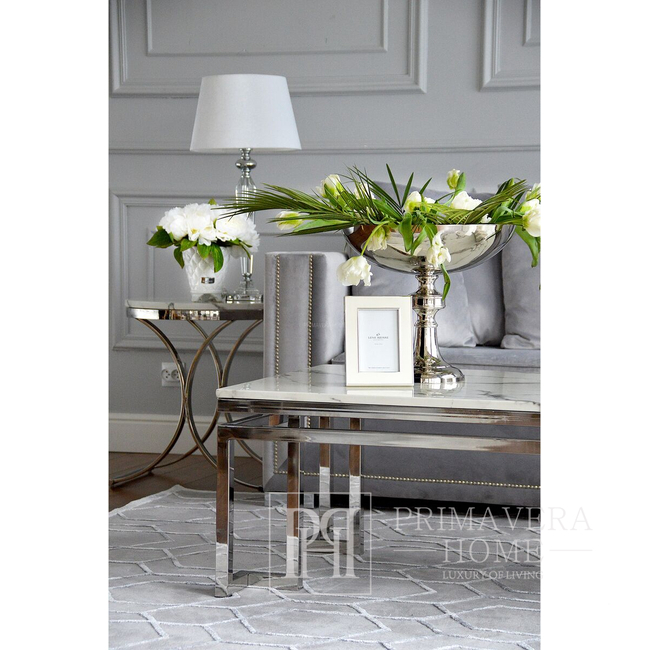 Glamor coffee table in New York style, stainless steel, white marble top OSKAR SILVER OUTLET 2 