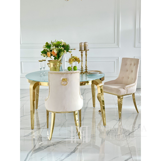 Designer dining table, glamor, with a glass top, steel, gold ELITE