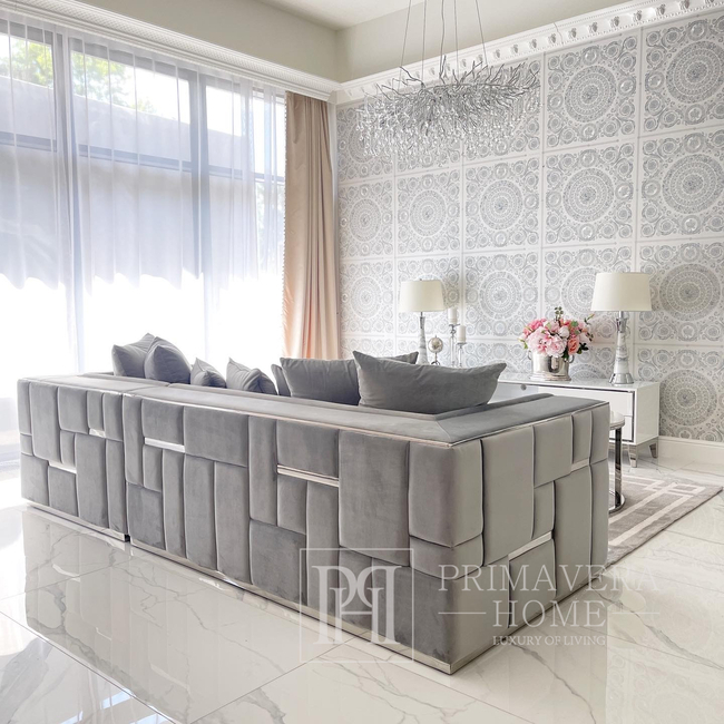 Šiuolaikinė EMPORIO kampinė sofa apmušta sidabro, pilkos spalvos 