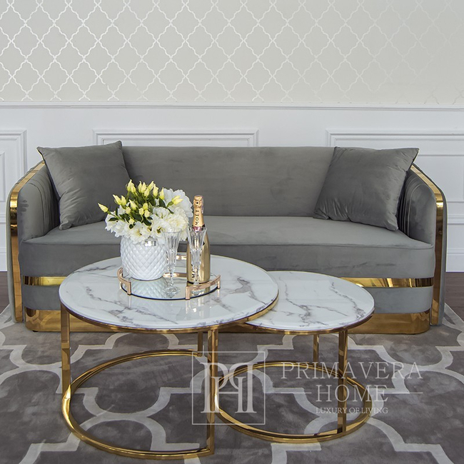 Luksusowa sofa 3 osobowa do salonu, gabinetu, sypialni, nowoczesna, nowojorska, glamour, szara, złota MADONNA OUTLET 
