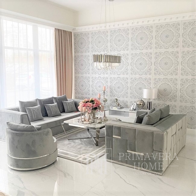 Glamorous modern 3-seater sofa, designer, upholstered, gray, silver EMPORIO