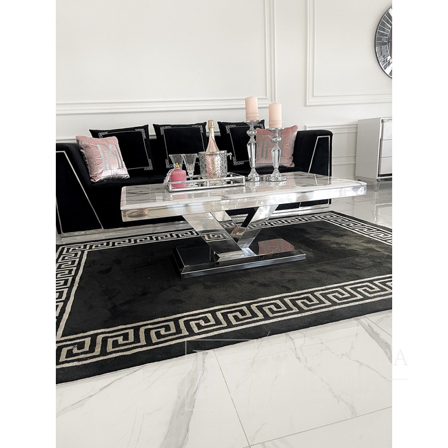 Modern coffee table for the living room, glamor, white conglomerate, silver LV COLLECTION